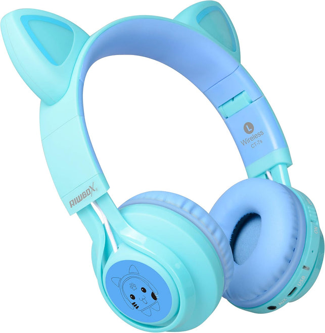 Riwbox Kids Headphones, CT-7S Cat Ear Bluetooth Headphones 85Db Volume Limiting,Led Light up Kids Wireless Headphones over Ear with Microphone for Laptop/Pc/Tv(Blue&Green)