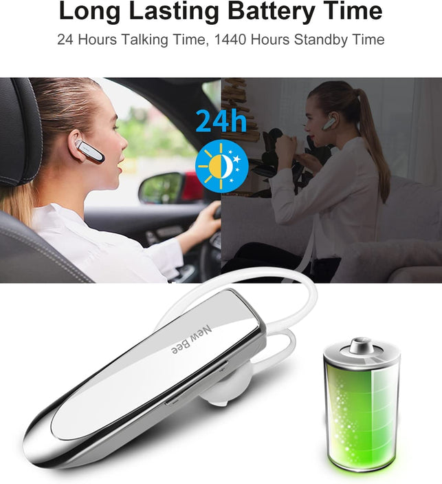 New Bee Bluetooth Earpiece V5.0 Wireless Handsfree Headset 24 Hrs Driving Headset 60 Days Standby Time with Noise Cancelling Mic Headsetcase for Iphone Android Laptop Truck Driver, White