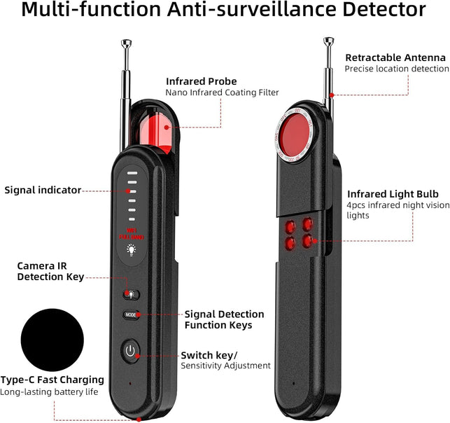 Hidden Camera Detector - 2025 Camera Detector, Hidden Device GPS Detector, Bug Detector, Camera Detector for Hotels, Travel, Office, 5 Levels Sensitivity (Black)