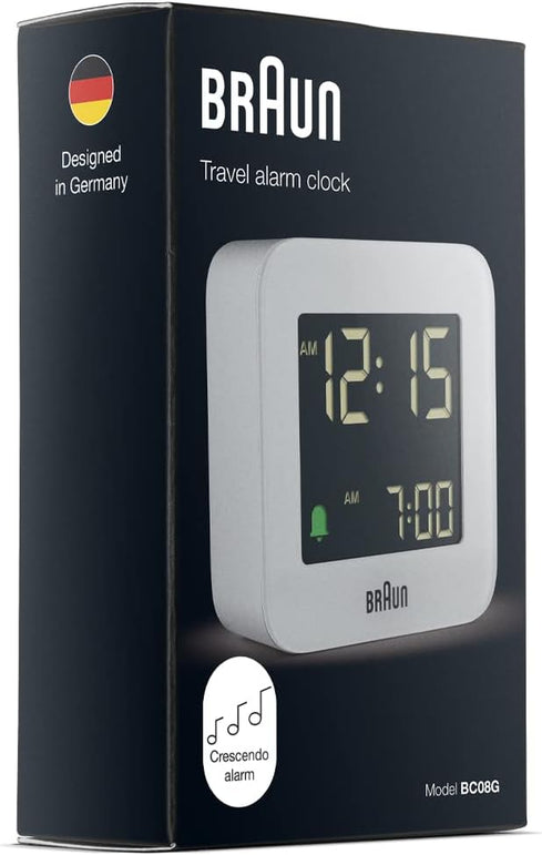 Braun Digital Travel Alarm Clock with Snooze, Compact Size, Negative LCD Display, Quick Set,Crescendo Beep Alarm in Grey, Model BC08G.