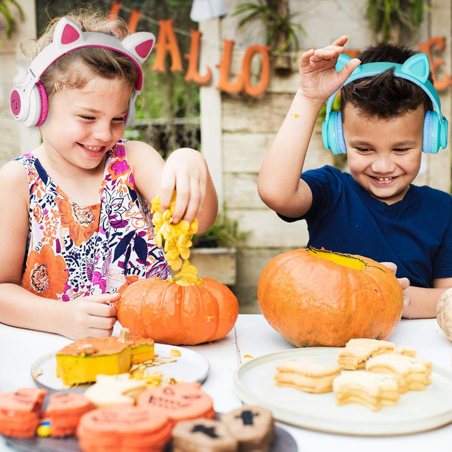 Riwbox Kids Headphones, CT-7S Cat Ear Bluetooth Headphones 85Db Volume Limiting,Led Light up Kids Wireless Headphones over Ear with Microphone for Laptop/Pc/Tv(Blue&Green)
