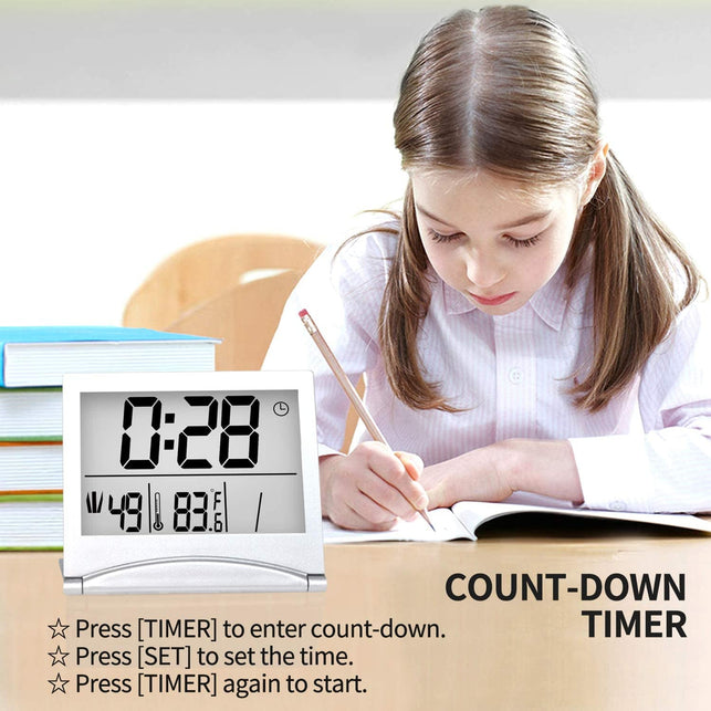 Betus Digital Travel Alarm Clock - Foldable Calendar Temperature Timer LCD Clock with Snooze Mode - Large Number Display, Battery Operated - Compact Desk Clock for All Ages (Silver, No Backlight)