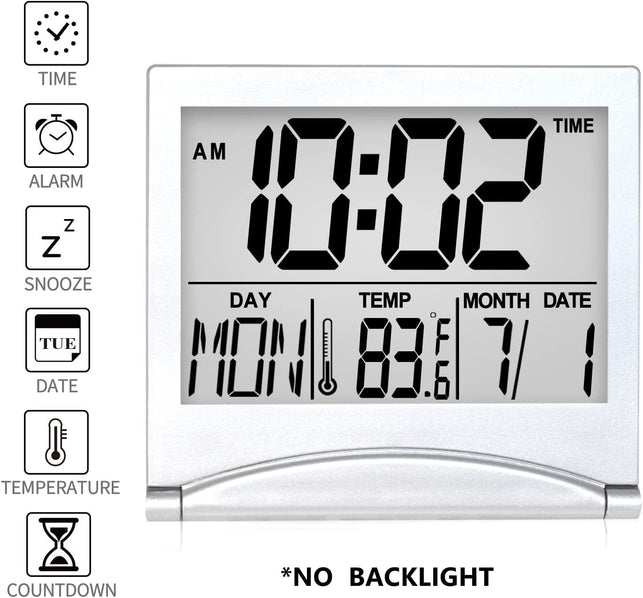 Betus Digital Travel Alarm Clock - Foldable Calendar Temperature Timer LCD Clock with Snooze Mode - Large Number Display, Battery Operated - Compact Desk Clock for All Ages (Silver, No Backlight)