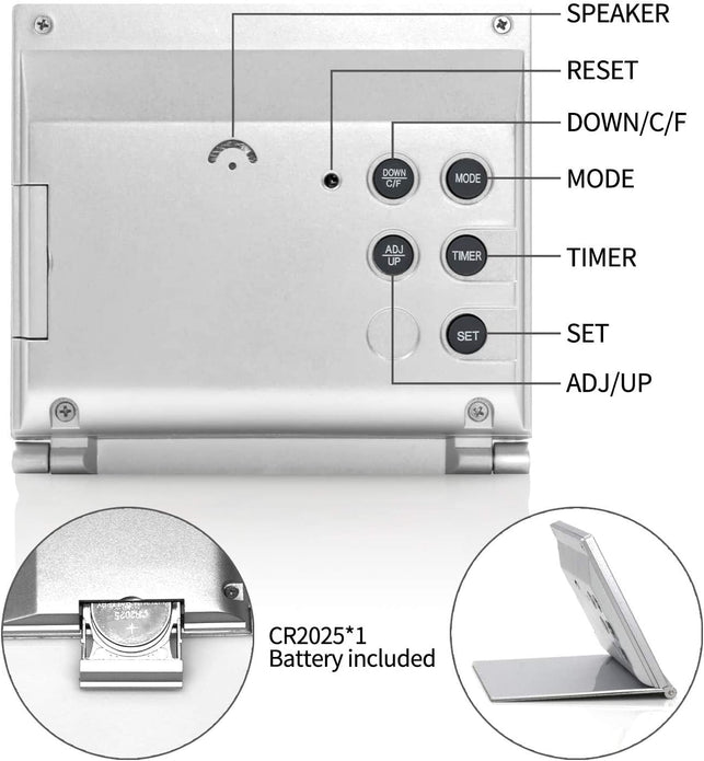 Betus Digital Travel Alarm Clock - Foldable Calendar Temperature Timer LCD Clock with Snooze Mode - Large Number Display, Battery Operated - Compact Desk Clock for All Ages (Silver, No Backlight)