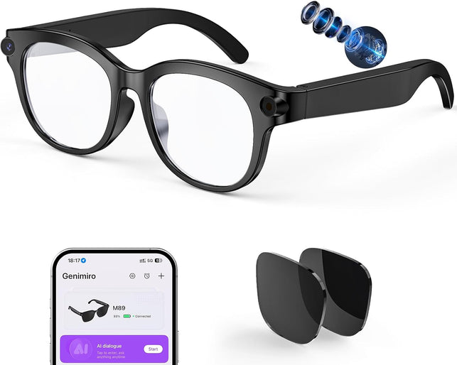 AI Smart Glasses with Camera, HD Bluetooth Camera Glasses with Audio, Video Recording Sunglasses for Women Men, Real Time Translation, Voice Assistant, Open Earbuds for Travel, Work Vlog