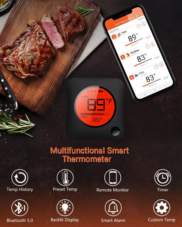 Bfour Bluetooth Meat Thermometer Wireless Meat Thermometer, Wireless Digital Grill Thermometer with 6 Temperature Probes, Large LCD Display, Bluetooth Thermometer for Grill, Smoker, Oven, Cooking and BBQ