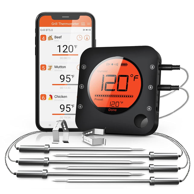 Bfour Bluetooth Meat Thermometer Wireless Meat Thermometer, Wireless Digital Grill Thermometer with 6 Temperature Probes, Large LCD Display, Bluetooth Thermometer for Grill, Smoker, Oven, Cooking and BBQ