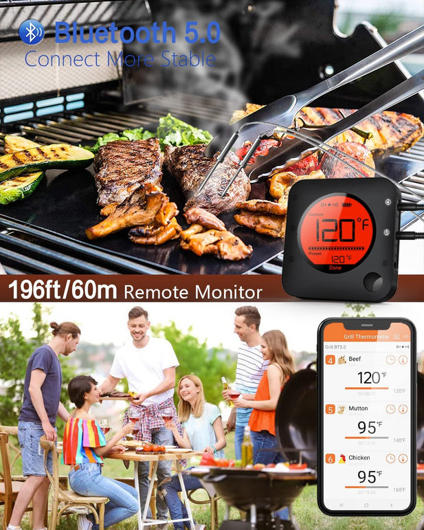 Bfour Bluetooth Meat Thermometer Wireless Meat Thermometer, Wireless Digital Grill Thermometer with 6 Temperature Probes, Large LCD Display, Bluetooth Thermometer for Grill, Smoker, Oven, Cooking and BBQ