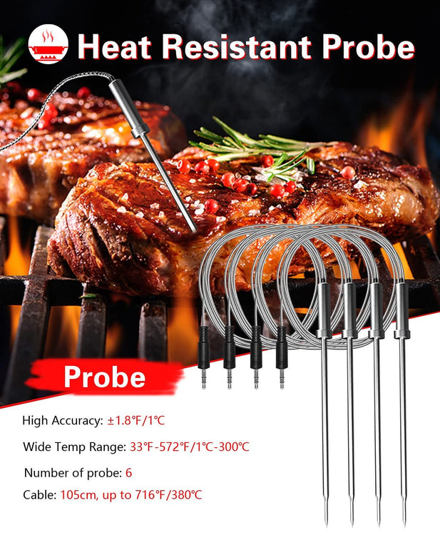 Bfour Bluetooth Meat Thermometer Wireless Meat Thermometer, Wireless Digital Grill Thermometer with 6 Temperature Probes, Large LCD Display, Bluetooth Thermometer for Grill, Smoker, Oven, Cooking and BBQ