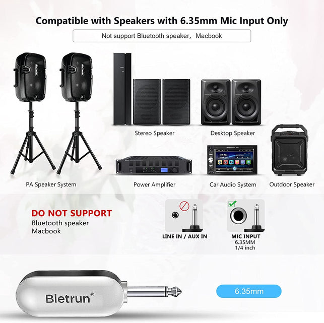 Bietrun UHF Wireless Microphone Headset, 165Ft Range, Working Time 6H, 1/4''Plug, Wireless Headset Mic ＆Handheld Mic 2 in 1, for Karaoke Speaker, Amplifier, Mic Speakers, PA System, Teaching, Fitness