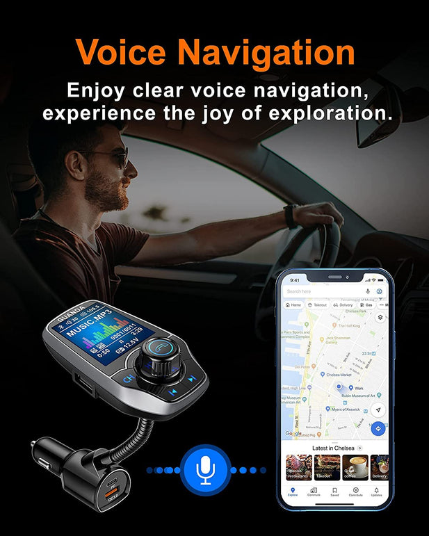 Bluetooth FM Transmitter In-Car Wireless Radio Adapter Kit W 1.8" Color Display Hands-Free Call AUX In/Out SD/TF Card USB Charger PD 20W for All Smartphones Audio Players - RM100C Pewter