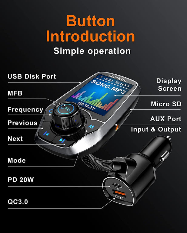 Bluetooth FM Transmitter In-Car Wireless Radio Adapter Kit W 1.8" Color Display Hands-Free Call AUX In/Out SD/TF Card USB Charger PD 20W for All Smartphones Audio Players - RM100C Pewter