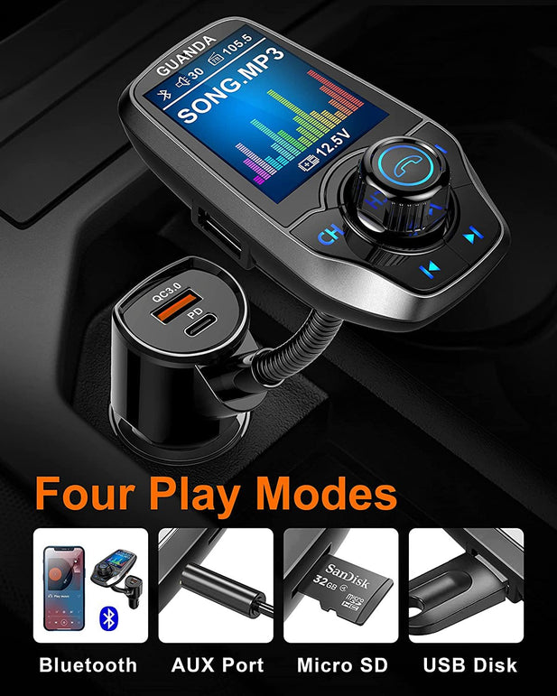 Bluetooth FM Transmitter In-Car Wireless Radio Adapter Kit W 1.8" Color Display Hands-Free Call AUX In/Out SD/TF Card USB Charger PD 20W for All Smartphones Audio Players - RM100C Pewter