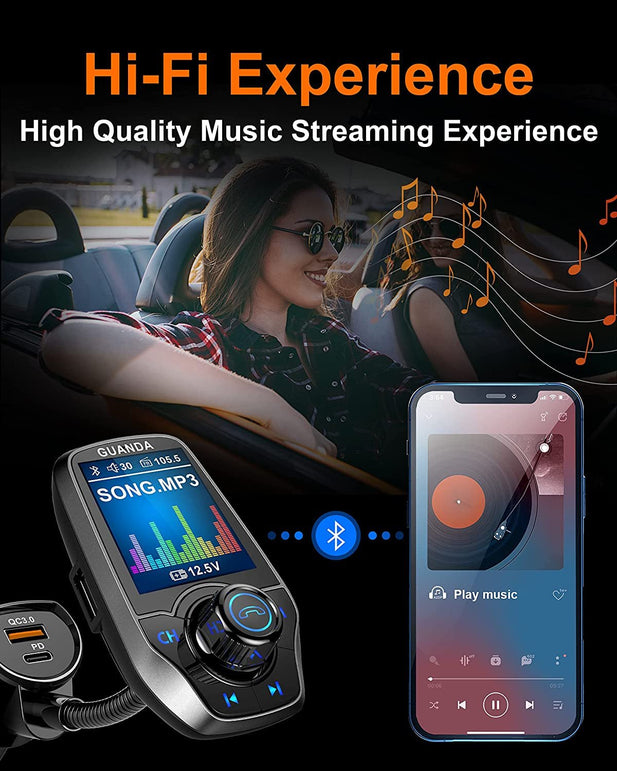 Bluetooth FM Transmitter In-Car Wireless Radio Adapter Kit W 1.8" Color Display Hands-Free Call AUX In/Out SD/TF Card USB Charger PD 20W for All Smartphones Audio Players - RM100C Pewter