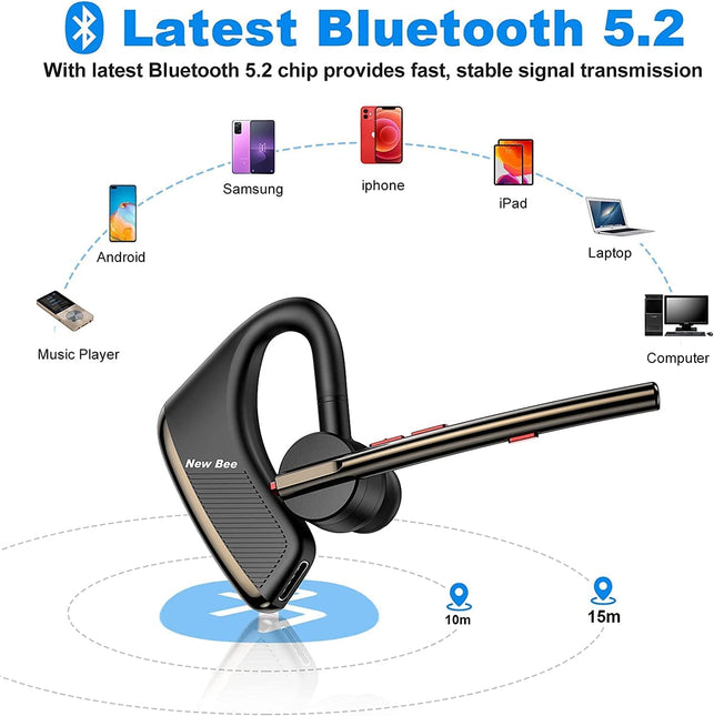 Bluetooth Headset New Bee 24Hrs Talktime CVC8.0 Dual Mic Noise Cancelling Bluetooth Earpiece V5.2 Wireless Headset for Cell Phone/Iphone/Android/Driver/Business/Office