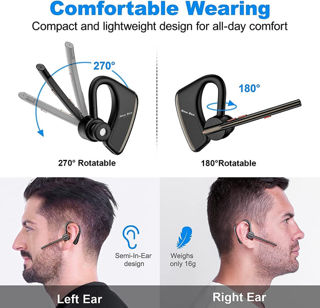 Bluetooth Headset New Bee 24Hrs Talktime CVC8.0 Dual Mic Noise Cancelling Bluetooth Earpiece V5.2 Wireless Headset for Cell Phone/Iphone/Android/Driver/Business/Office