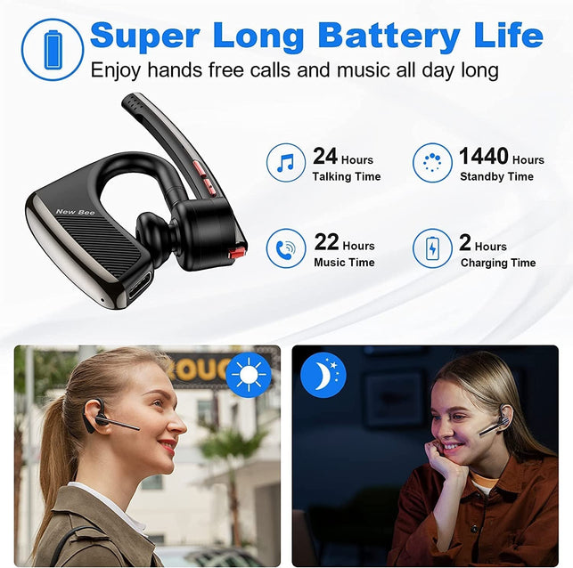 Bluetooth Headset New Bee 24Hrs Talktime CVC8.0 Dual Mic Noise Cancelling Bluetooth Earpiece V5.2 Wireless Headset for Cell Phone/Iphone/Android/Driver/Business/Office