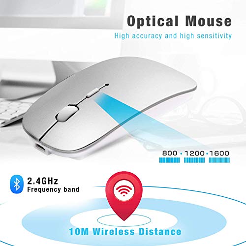 Bluetooth Mouse for Laptop/iPad/iPhone/Mac(iOS 13.1.2 and Above)/Android PC,Wireless Mouse Slim USB Rechargable Quiet Mice Compatible with Windows/Linux/Notebook/Mac/MacBook Air,Silver