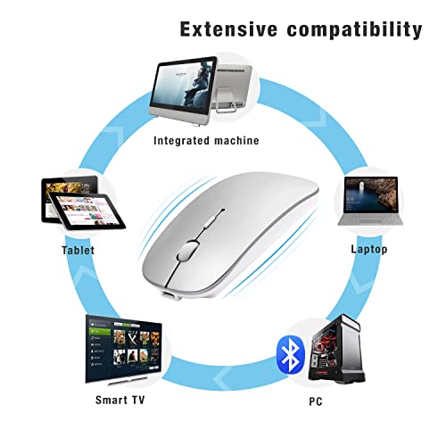 Bluetooth Mouse for Laptop/iPad/iPhone/Mac(iOS 13.1.2 and Above)/Android PC,Wireless Mouse Slim USB Rechargable Quiet Mice Compatible with Windows/Linux/Notebook/Mac/MacBook Air,Silver