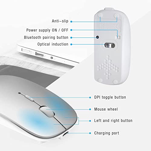 Bluetooth Mouse for Laptop/iPad/iPhone/Mac(iOS 13.1.2 and Above)/Android PC,Wireless Mouse Slim USB Rechargable Quiet Mice Compatible with Windows/Linux/Notebook/Mac/MacBook Air,Silver