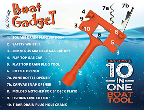 Boat Gadget – This 10-in-1 Boat Tool Includes Beer and Wine Bottle Opener, Safety Whistle, Fishing Line Cutter, Marine Gas Cap Key and Other Essential Tools – Ideal Gifts for Boaters – Orange