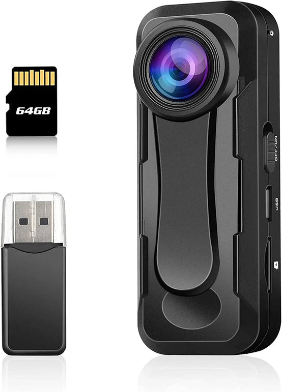 BOBLOV W1 Hidden Camera, True 1080P Small Body Camera, Personal Pocket Video Camera with Audio Loop Recording Time Stamps External Memory up to 128Gtwo Clips and Easy to Operation(With 64GB)