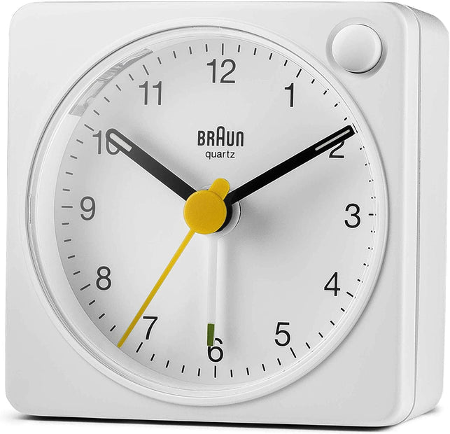 Braun Classic Travel Analogue Clock with Snooze and Light, Compact Size, Quiet Quartz Movement, Crescendo Beep Alarm in White, Model BC02XW, One