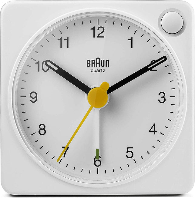 Braun Classic Travel Analogue Clock with Snooze and Light, Compact Size, Quiet Quartz Movement, Crescendo Beep Alarm in White, Model BC02XW, One