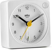 Braun Classic Travel Analogue Clock with Snooze and Light, Compact Size, Quiet Quartz Movement, Crescendo Beep Alarm in White, Model BC02XW, One