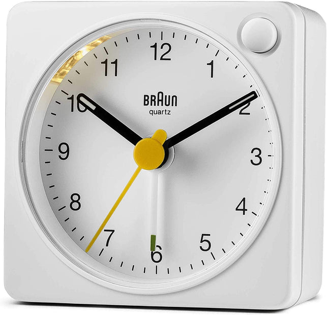 Braun Classic Travel Analogue Clock with Snooze and Light, Compact Size, Quiet Quartz Movement, Crescendo Beep Alarm in White, Model BC02XW, One