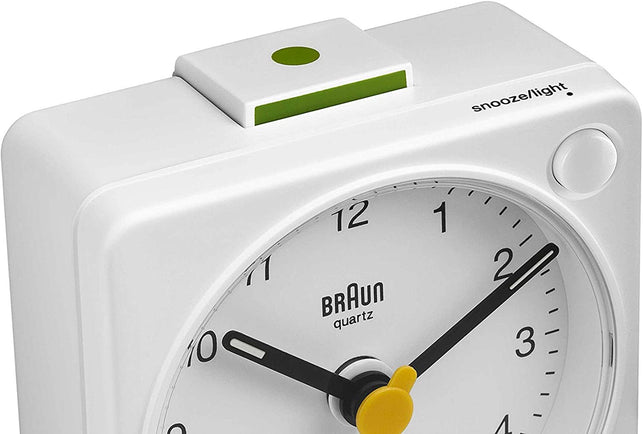 Braun Classic Travel Analogue Clock with Snooze and Light, Compact Size, Quiet Quartz Movement, Crescendo Beep Alarm in White, Model BC02XW, One