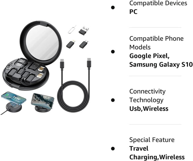 BUDI 15W Wireless Charger12 in 1 Multifunction Box 2.9Ft Cable Card Paired Vanity Mirror USB Type-C Charging and USB C to USB a Light Aluminum Conversion Connector for Travel Charging PC Data Transfer