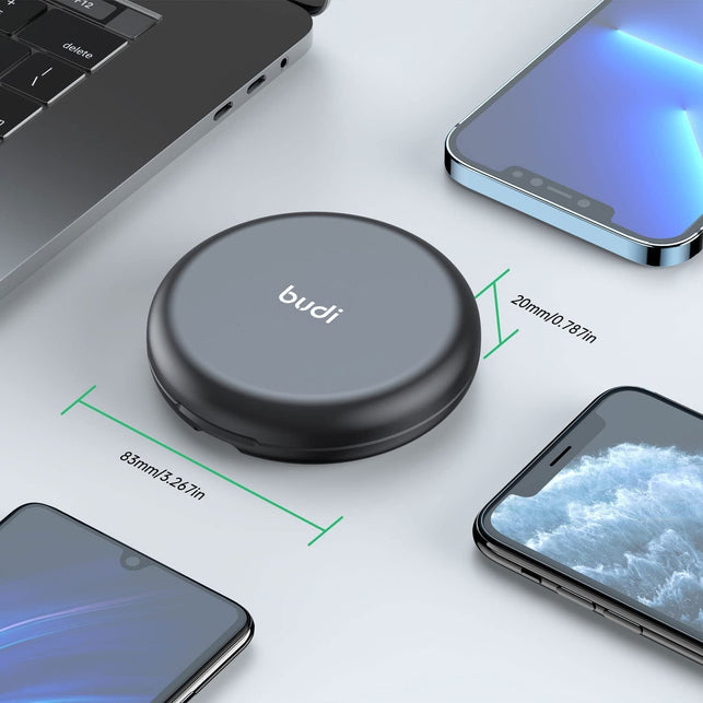 BUDI 15W Wireless Charger12 in 1 Multifunction Box 2.9Ft Cable Card Paired Vanity Mirror USB Type-C Charging and USB C to USB a Light Aluminum Conversion Connector for Travel Charging PC Data Transfer