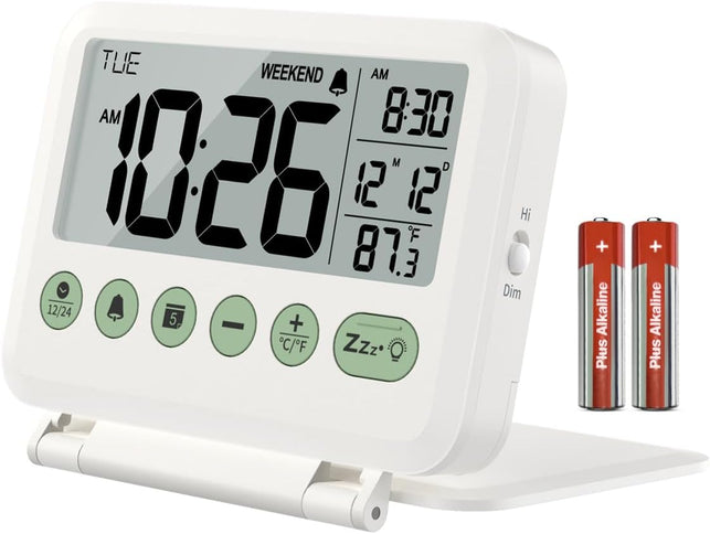 Digital Travel Alarm Clock - 3.54 Inch LCD Display, 9-Minute Snooze, 2 Volume Levels, Backlight, Battery Included (White)