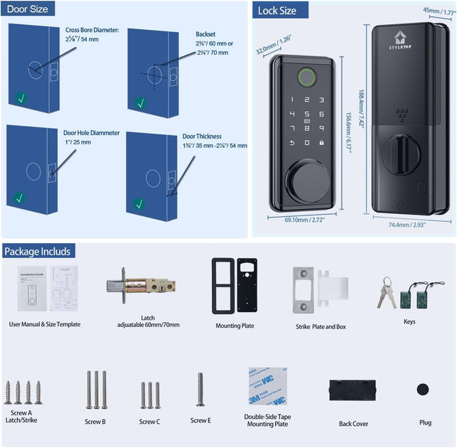Fingerprint Deadbolt Lock with Glass Touchscreen Keypad,No-Wifi-Access, Keyless Electronic Biometric Lock for Entry Door (Black)