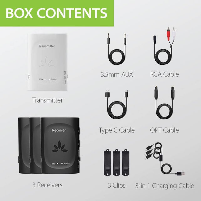 Avantree Audiplex - Wireless Audio Transmitter & Multiple Receivers Set with Long Range & Low Latency for TV, AV Receivers, Projectors, PA Systems, and Church, Broadcasts to 100 Headphones/Speakers