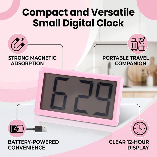 SENECESLI Small Magnetic Digital Clock, 3.3In Screen Travel Clock for Car, Compact Battery Operated for Bedroom, 12 Hour Display with Stand for Classroom (Pink)