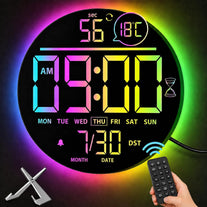 10 Inch(25Cm) Digital Wall Clock with Temperature & Date, Large LED Digits, Auto DST, RGB Display, Seconds, Auto Dimming, Alarm & Countdown for Gym, Bedroom & Office