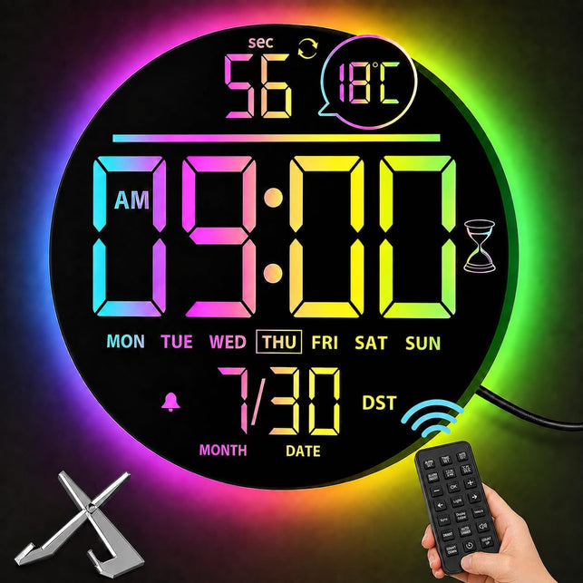 10 Inch(25Cm) Digital Wall Clock with Temperature & Date, Large LED Digits, Auto DST, RGB Display, Seconds, Auto Dimming, Alarm & Countdown for Gym, Bedroom & Office
