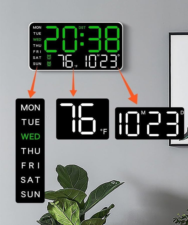 Voice Control Alarm LED Digital Clocks Temp Date Week Display Wall Clock 12/24H DST Brightness Setting 2 Alarms Clocks