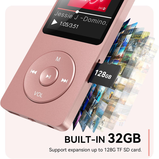 AGPTEK A02 32GB MP3 Player with Bluetooth 5.3, 1.8 Inch Screen Portable Music Player with Speaker, FM Radio, Voice Recorder, Supports Expanded up to 128GB (Rose Gold, 32GB)