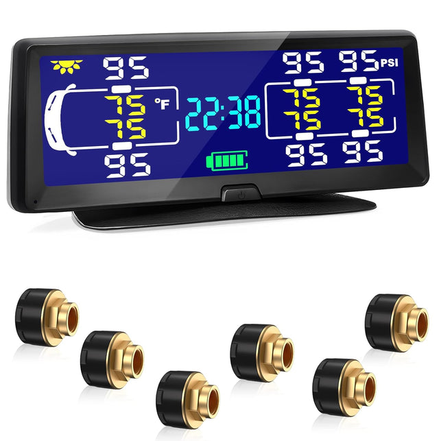 Hieha Rv Tire Pressure Monitoring System, 7.84” Solar TPMS for Rv Travel Trailer Coach Truck Fifth Wheel Motorhome with 6 Sensors, Real-Time Monitoring Pressure and Temperature(0~198Psi)