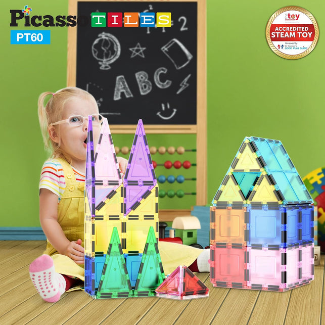 Picassotiles 60 Piece Set 60Pcs Magnet Building Tiles Clear Magnetic 3D Building Blocks Construction Playboards - Creativity beyond Imagination, Inspirational, Recreational, Educational, Conventional