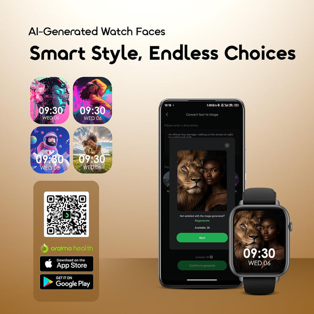 Oraimo Watch 6N Smart Watch, 1.83" HD Touch Screen, AI Watch Faces, Heart Rate & Spo2 Monitor, 7-Day Battery, IP68 Waterproof, 100 Workout Modes, Wireless HD Calling, Anti-Scratch Glass, IOS & Android