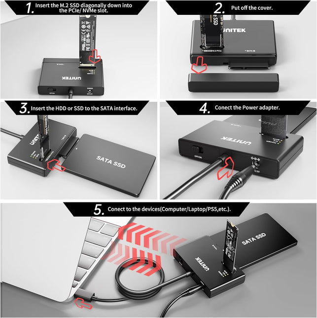 Unitek M.2 Nvme SSD Enclosure Adapter – 10 Gbps Hard Drive Reader Tool Free Pcie Nvme Adapter External USB 3.2 M2 SATA Case Converter Supports M Key Any Sizes M.2 2.5" /3.5" SATA Solid State Drive