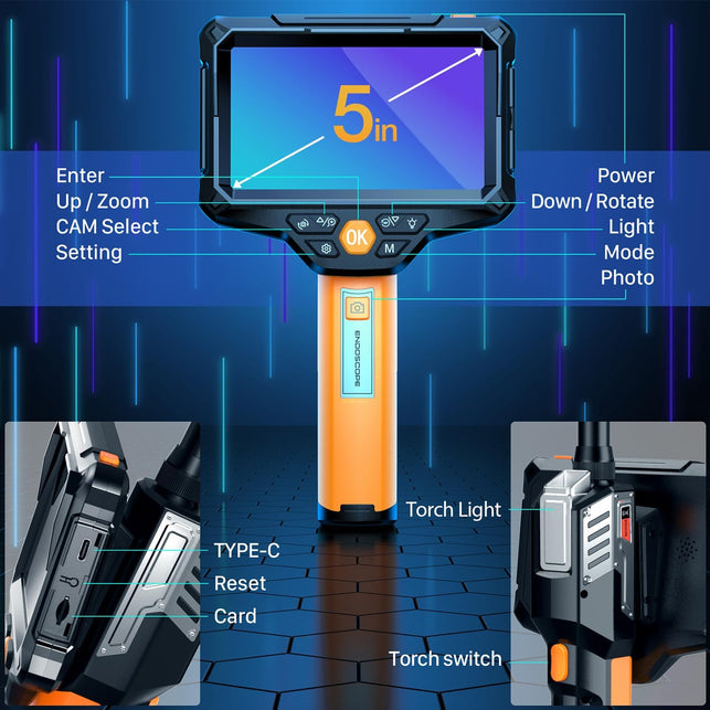 Dual Lens Borescope,Goldeggs Endoscope Camera with Light, 5" Industrial Inspection Camera,16.4Ft Waterproof Snake Camera with Temperature Control,Tool for Home/Pipe/Automotive,With 32GB Card and Case