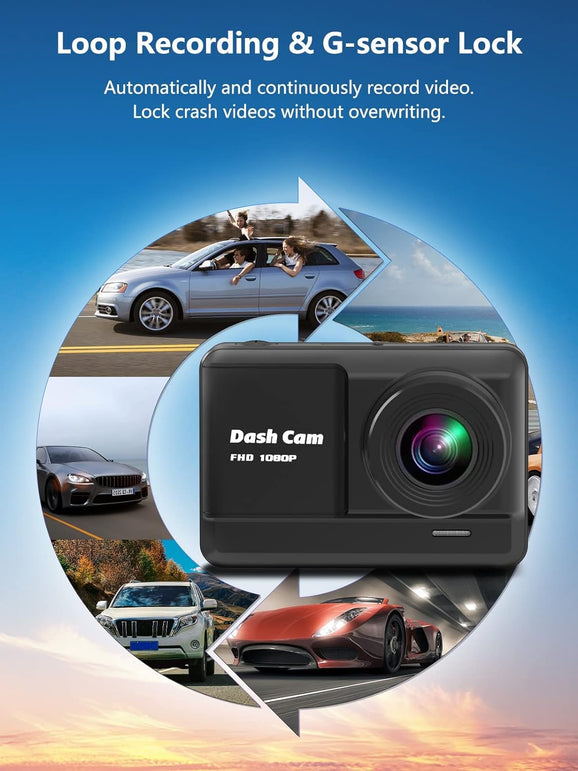 Dash Cam Front and Rear, Mini Dash Cam 1080P Full HD with 32GB SD Card, 2.45 Inch IPS Screen, 2 Mounting Ways, Night Vision, WDR, Accident Lock, Loop Recording, Parking Monitor