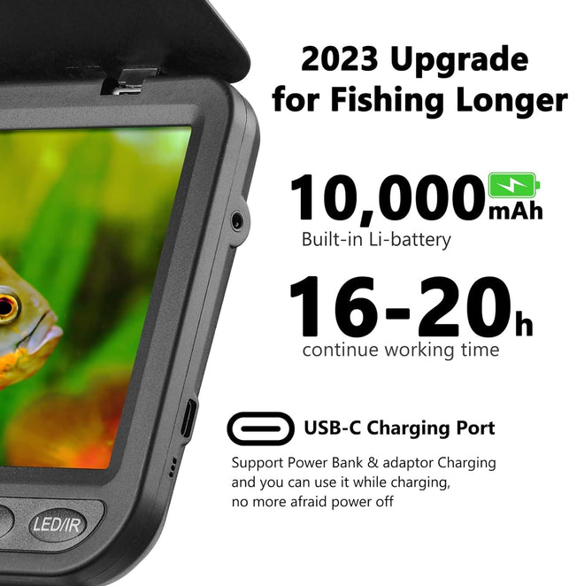 7'' Underwater Fishing Camera - [Upgrade HD 1080P] Ice Fishing Camera Underwater W/ 10,000Mah Li-Battery, USB-C Charging Port, Portable Ice Fishing Fish Finder for Ice Lake Boat Kayak Fishing
