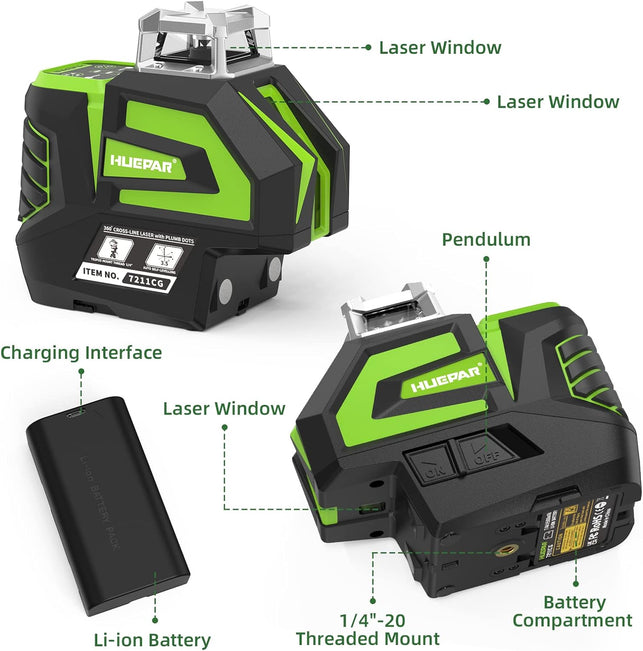 Huepar Self-Leveling Green Laser Level Cross Line with 2 Plumb Dots Laser Tool -360 Horizontal Line plus Large Fan Angle of Vertical Beam -Li-Ion Battery with Type-C Charging Port&Magnetic Base 7211CG