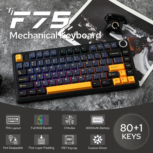 EPOMAKER X Aula F75 Gasket Mechanical Keyboard, 75% Wireless Hot Swappable Gaming Keyboard with Five-Layer Padding&Knob, Bt/2.4Ghz/Usb-C, RGB (Black, LEOBOG Reaper Switch)